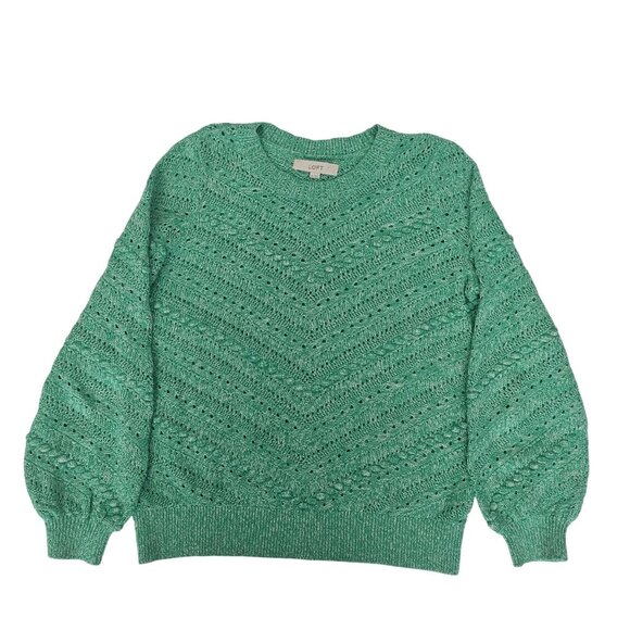 LOFT Bobble Pointelle Balloon Sleeve Pullover Knit Sweater Green Size Medium - Picture 2 of 8